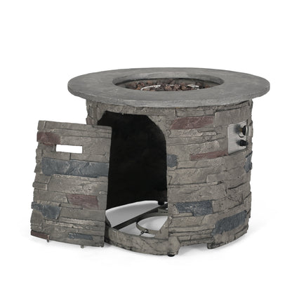 Transitional Outdoor 32 Inch Round MGO Propane Fire Pit Table, Stone Gray