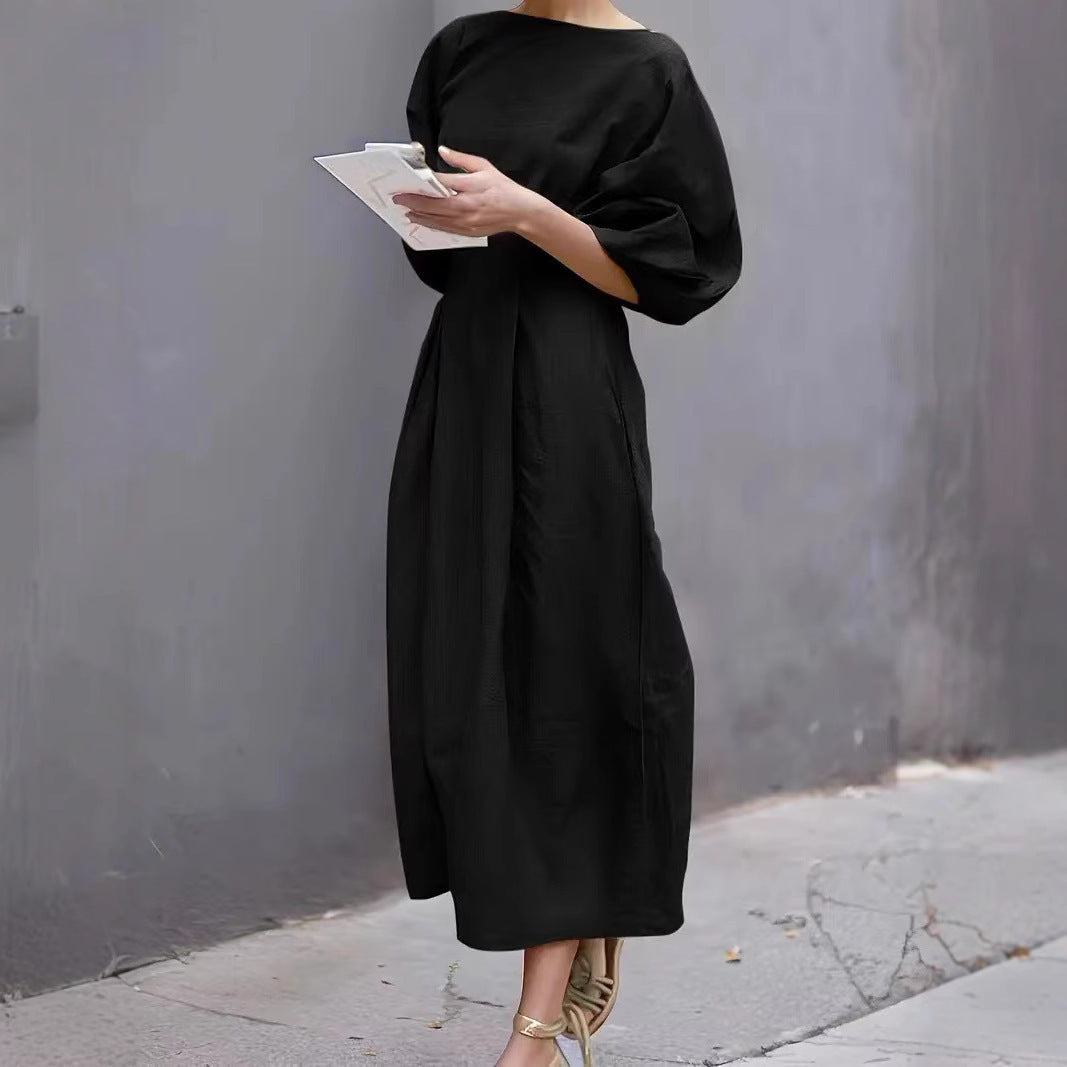 Casual Long Dress With A Round Neck And Bubble Sleeves