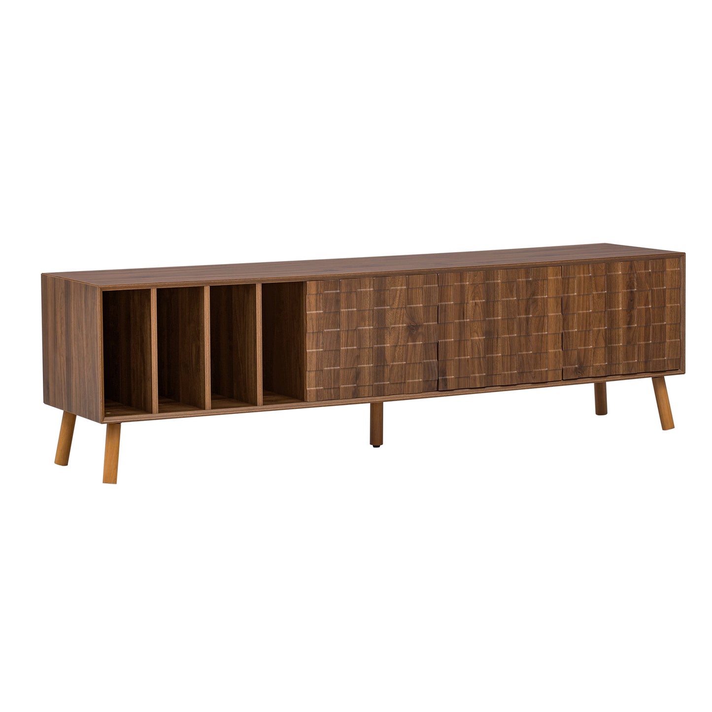 Mid-Century Walnut TV Stand 80" Push-Pop Doors MDF Wood