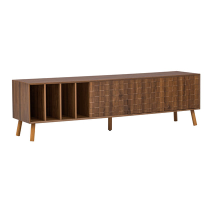 Mid-Century Walnut TV Stand 80" Push-Pop Doors MDF Wood