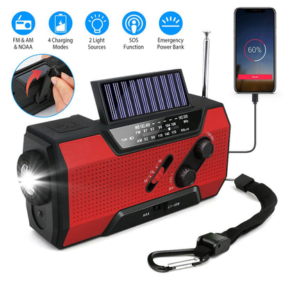 Emergency Solar Hand Crank Weather Radio AM/FM/NOAA Radio SOS 2000mAh Power Bank Flashlight w/ Reading Lamp