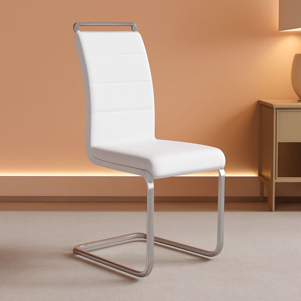 White PU Leather Dining Chair Set High Back Upholstered