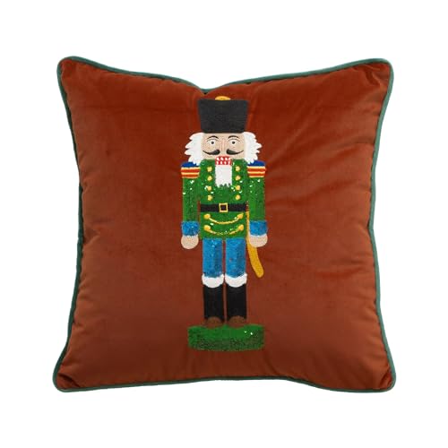 Fennco Styles Embroidered Sequin Nutcracker Velvet Filled Throw Pillow 18" W x 18" L - Green Festive Cushion for Home, Christmas, Winter Holidays Décor, and Special Occasions