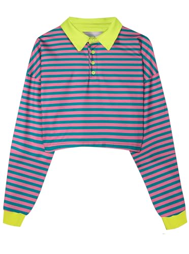 Natalie Winters Dress - Remidoo Women's Collared Half Button Long Sleeve Striped Crop Top Sweatshirt