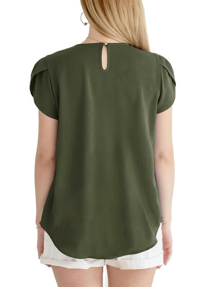 Polyester Blouses - Women's Chiffon Blouse Short Sleeve Pleated Top with Keyhole Back Detail