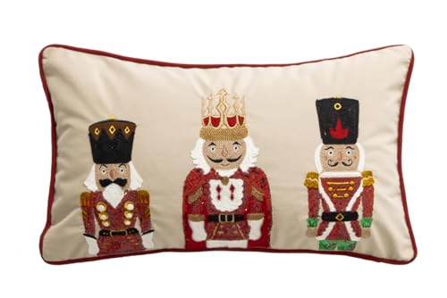 Fennco Styles Embroidered Sequin Nutcracker Velvet Filled Throw Pillow 18" W x 18" L - Green Festive Cushion for Home, Christmas, Winter Holidays Décor, and Special Occasions