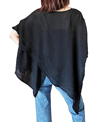 stylesilove Women Kimono Sleeves Asymmetrical Irregular Hem Top Design Cotton Linen Blouse Round Neck Blouse Casual Tunic
