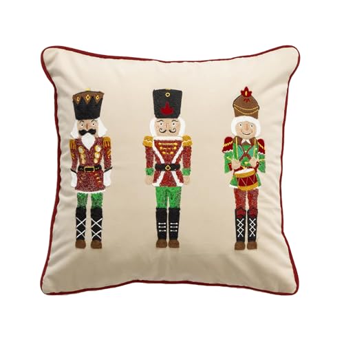 Fennco Styles Embroidered Sequin Nutcracker Velvet Filled Throw Pillow 18" W x 18" L - Green Festive Cushion for Home, Christmas, Winter Holidays Décor, and Special Occasions