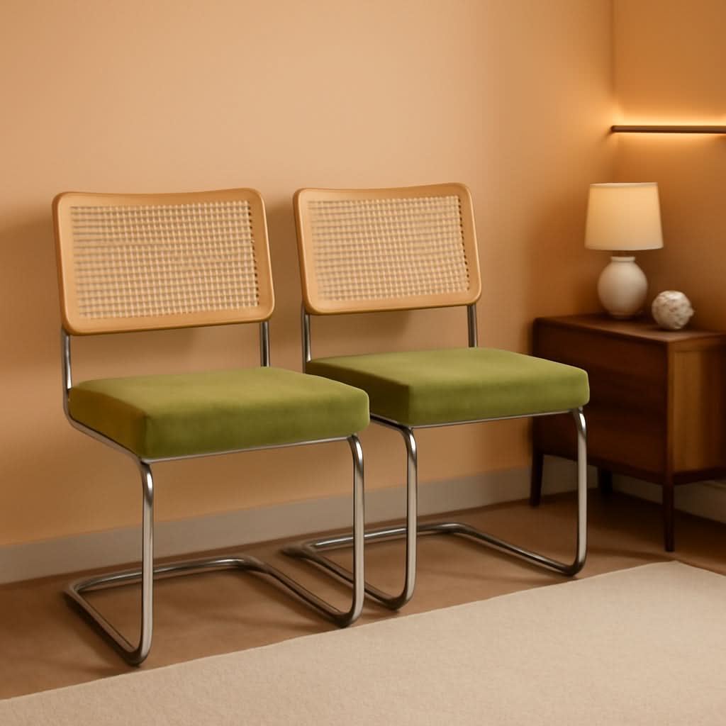 Green Handwoven Cane Dining Chairs Set Of 2 Chrome Base