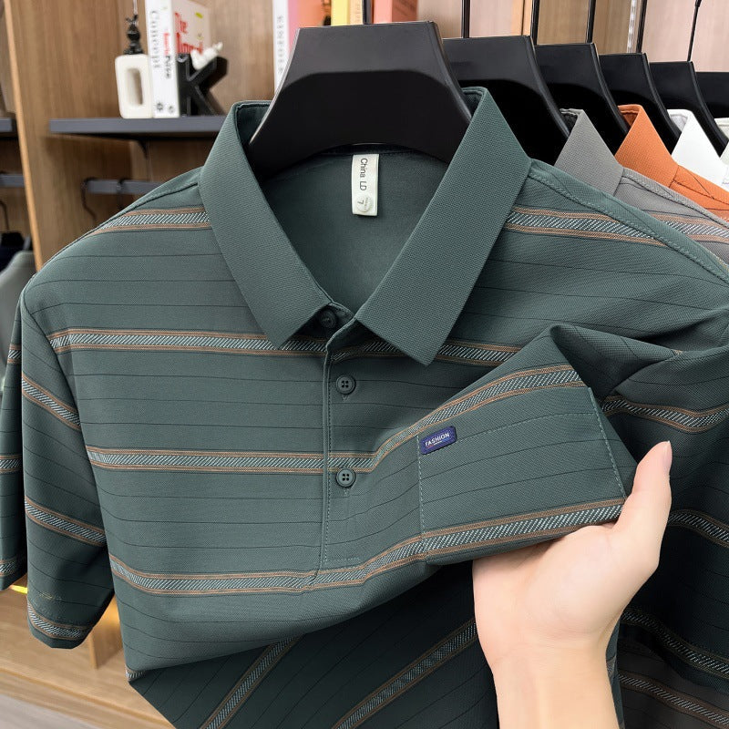Mens Summer Striped Loose-Fit Lapel T-Shirt