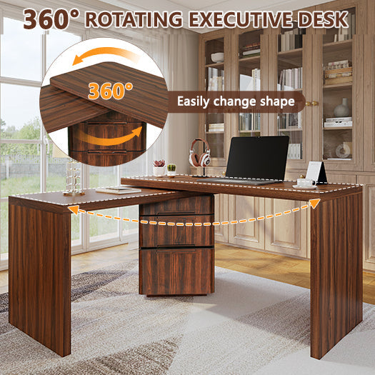 90' Modern L Shaped Desk in Walnut with 3 Drawers,360deg Wood Rotating Desk,Exe...