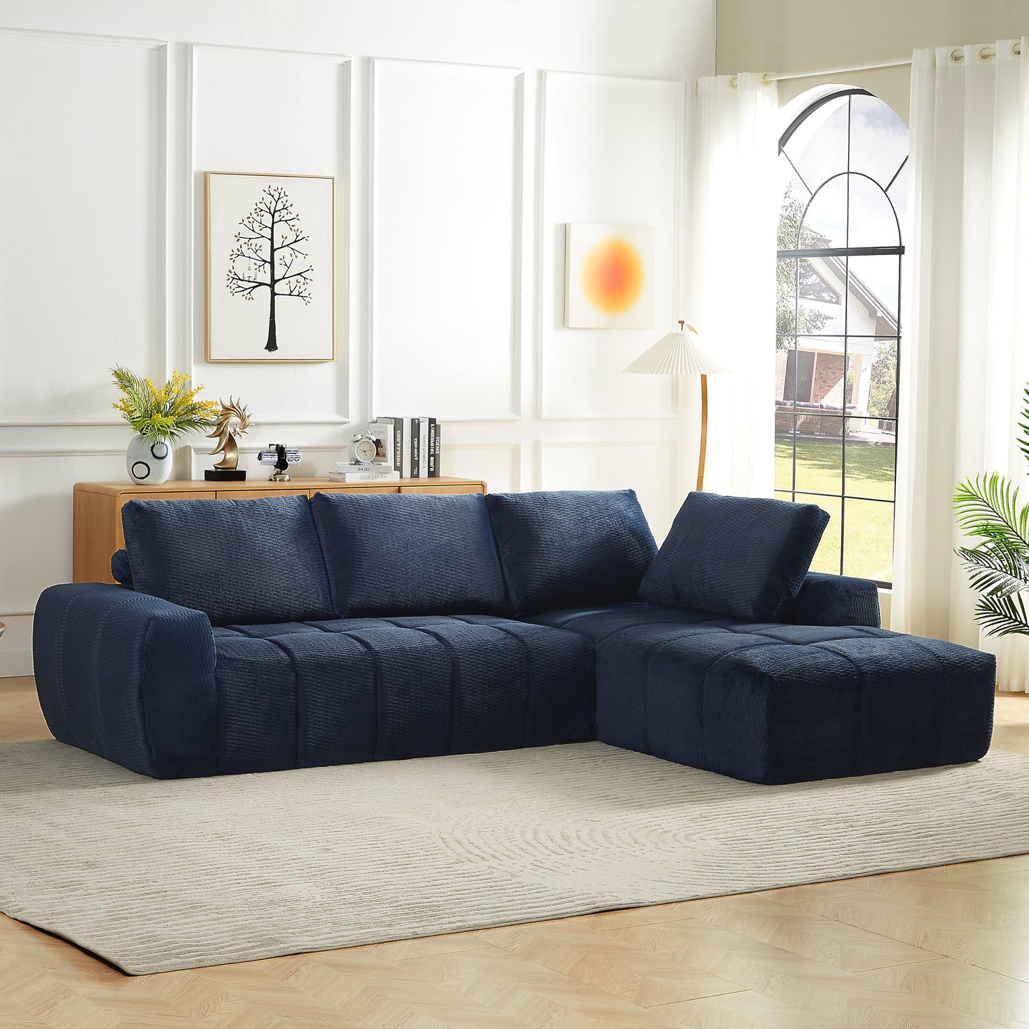 Sectional Sofa L-Shape Faux Fur Dark Blue 4 Seat Sleeper No Assembly