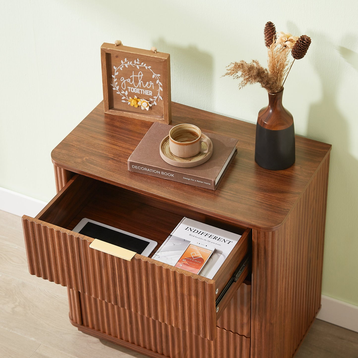 3-Drawer Nightstand Set of 2, 23.6 in Wide, Curved Wave Design, Walnut