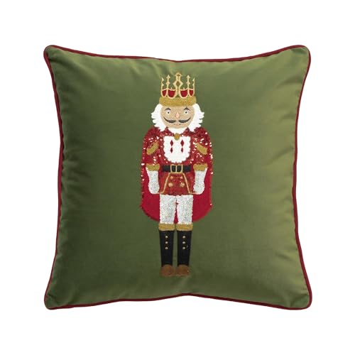 Fennco Styles Embroidered Sequin Nutcracker Velvet Filled Throw Pillow 18" W x 18" L - Green Festive Cushion for Home, Christmas, Winter Holidays Décor, and Special Occasions