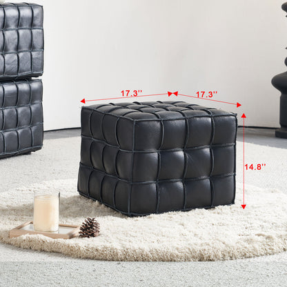 Black Genuine Leather Tufted Ottoman – 17" Square Footstool, Multi-Use, Solid Wood Base
