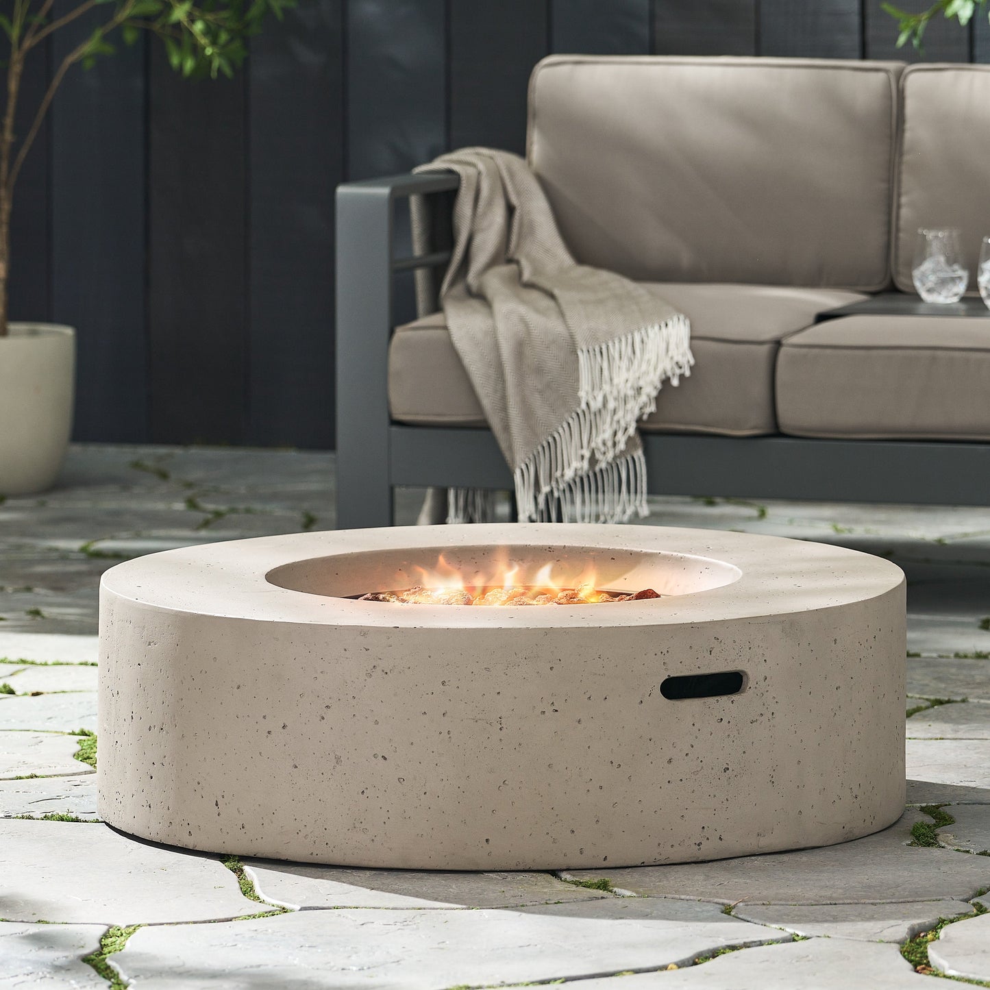Modern Outdoor 50000 BTU Round MgO Concrete Propane Fire Pit, Light Grey