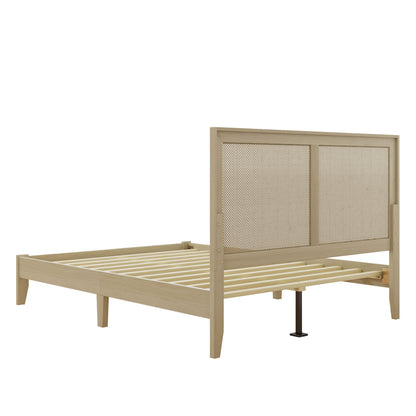 Solid Wood Platform Queen Bed With Rattan