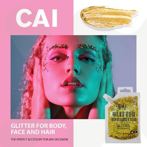 Hair Glitter Gel – Body Glitter for Kids and Women – Iridescent Holograph Cosmetic-Grade Gel w/Moon & Stars for Hair, Body & Face, Applies Smoothly w/o Glue & Washes Off Easily, 3 Oz - Gold 2Pack