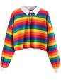 Natalie Winters Dress - Remidoo Women's Collared Half Button Long Sleeve Striped Crop Top Sweatshirt