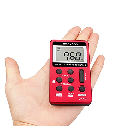 Retekess V112 AM FM Portable Pocket Radio, FM Receiver, Digital Tuning Stereo, with Headphones, Rechargeable Battery, for Walking, Jogging, Training, Church (Red)