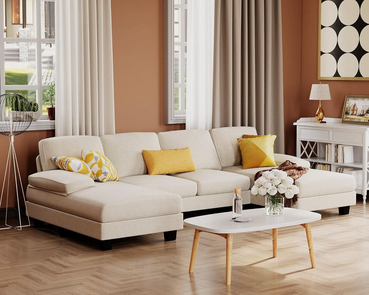 White Linen Sectional Sofa U Shaped 4 Seat Chaise Couch