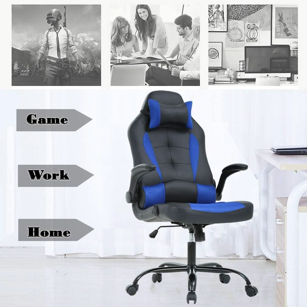 Blue PU Leather Ergonomic Gaming Chair With Lumbar Support