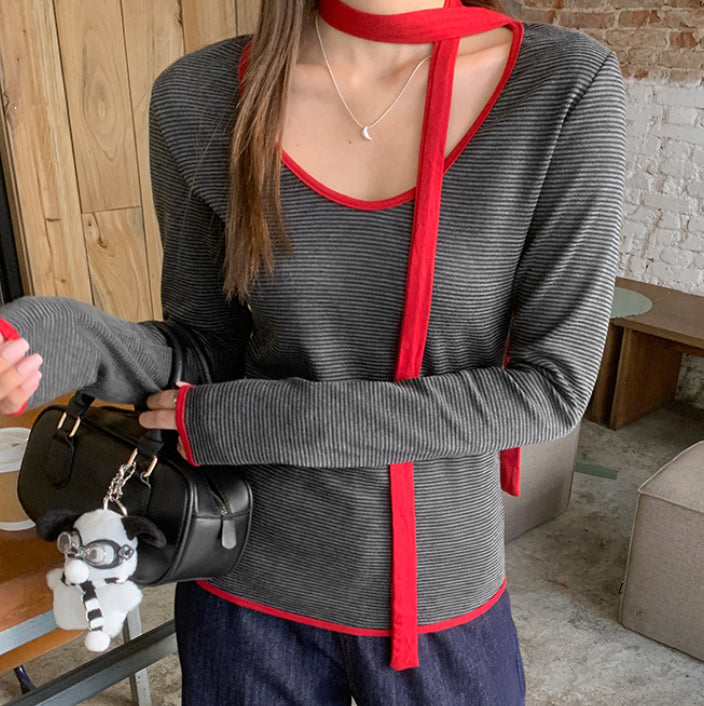 Spicy Girl-style Contrast-color Snood With Striped Long Sleeves For Layering