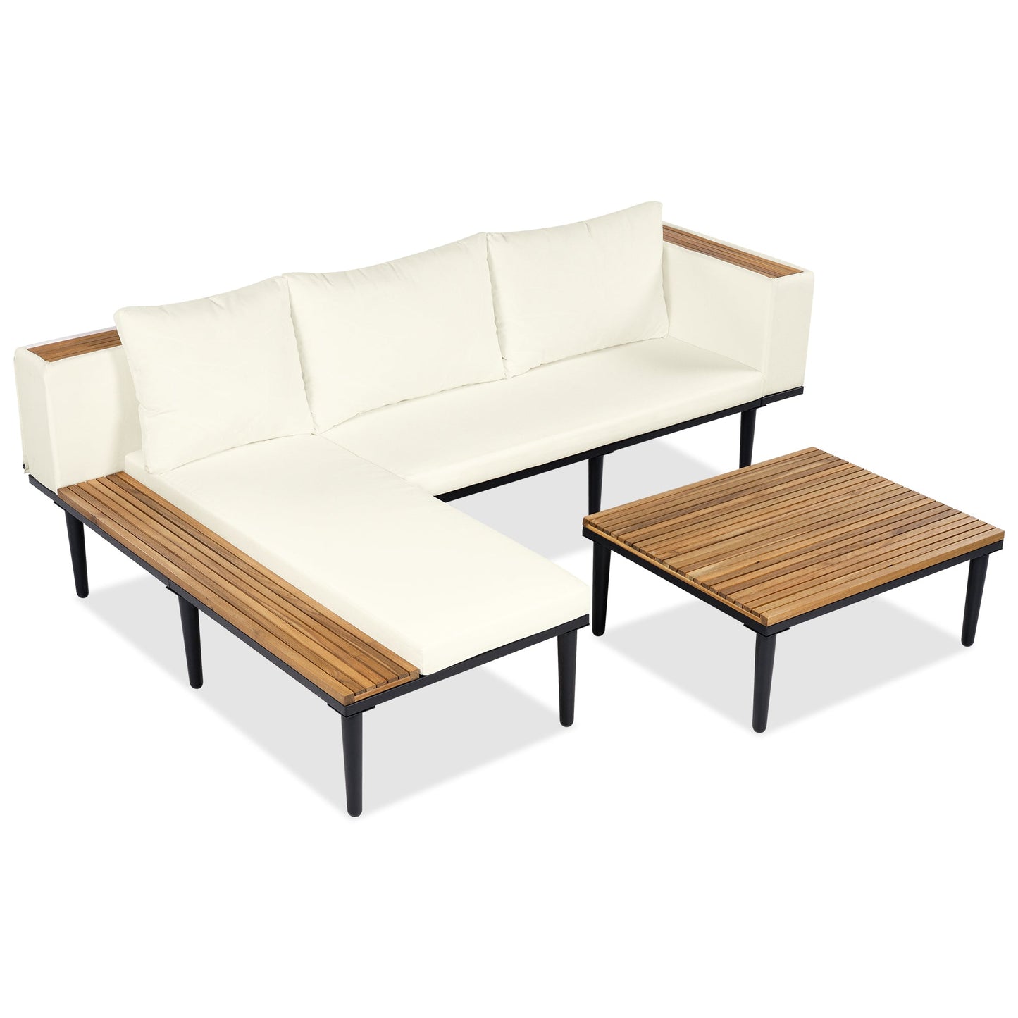 Outdoor Patio Set Acacia Wood Iron Beige L-Shape Seats 6 396 LB