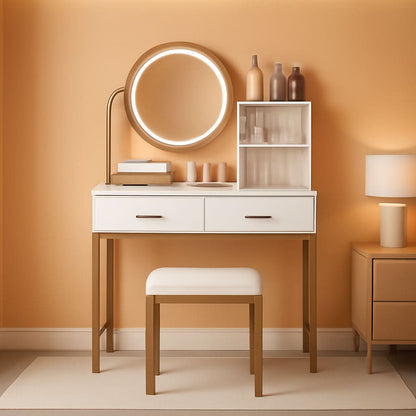 White Round LED Makeup Vanity Mirror With Charging Station 31.5 Inch