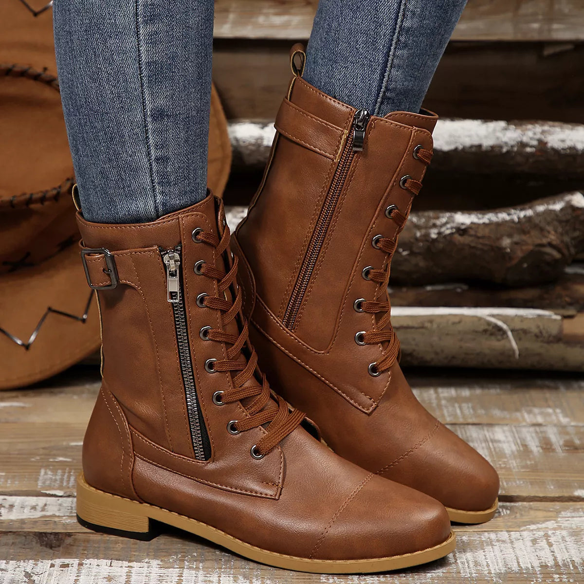 Round Toe Block Heels Boots