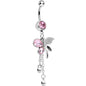 Pink Gem Paved Wing Butterfly Chain Drop Belly Ring
