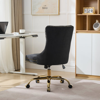 Swivel Office Chair Velvet Black Tufted Button Gold Metal Base 24.8x38.6 In