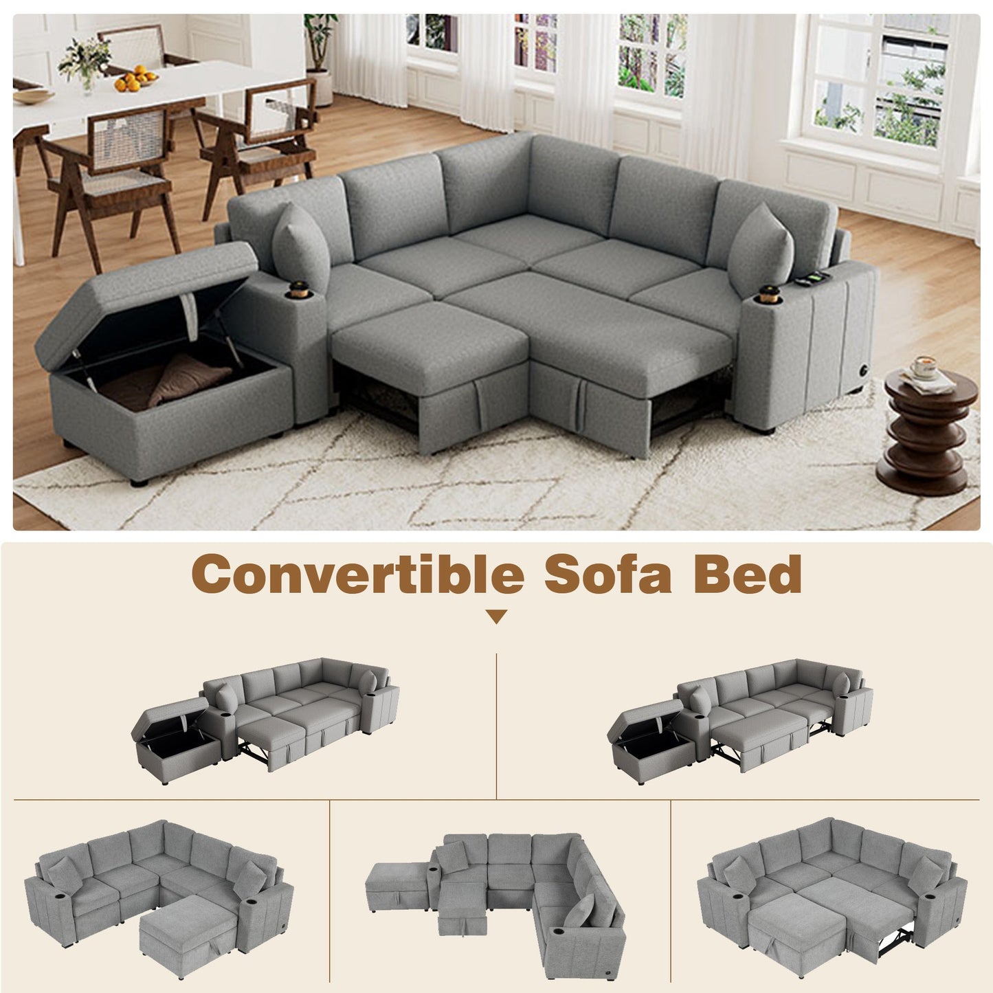 84" Sectional Sofa Convertible Pull-Out USB Gray
