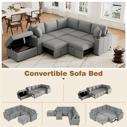 84" Sectional Sofa Convertible Pull-Out USB Gray