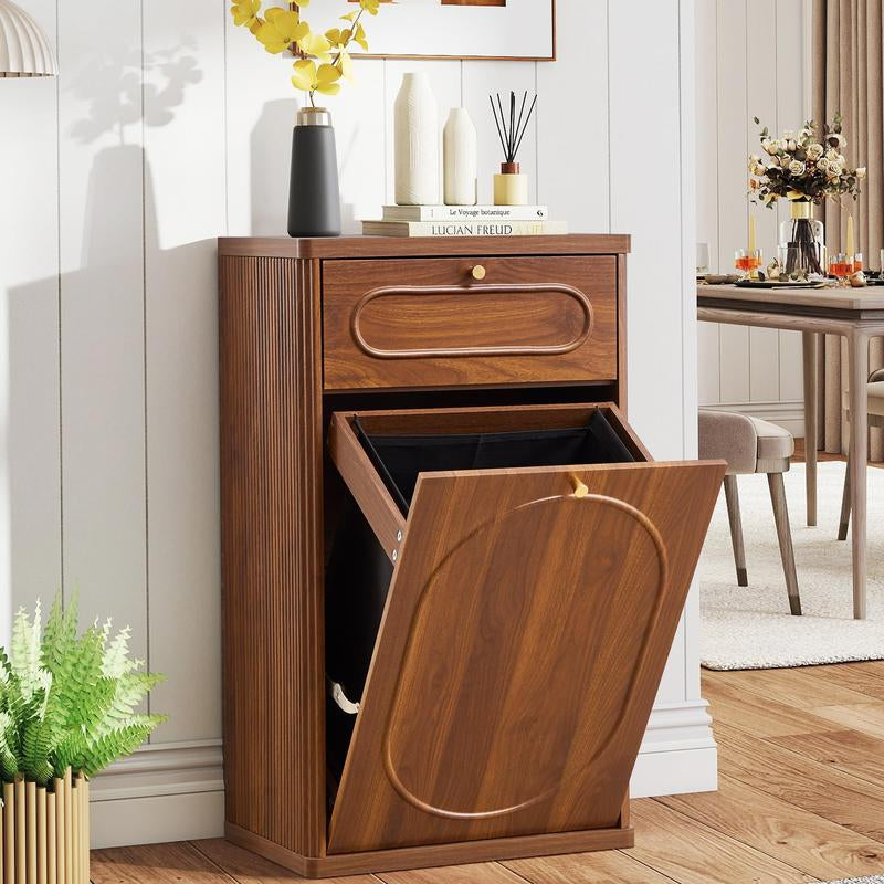 Giratree Tilt Out Trash Can Cabinet, Wood Kitchen Garbage Bin with Drawer, Fluted 10 Gallon Laundry Hamper Cabinet, Farmhouse Hidden Trash Can for Kitchen, Living Room