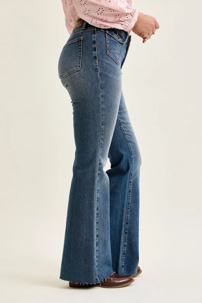 Judy Blue Mid Rise Flare Jeans with Front Flap Pockets