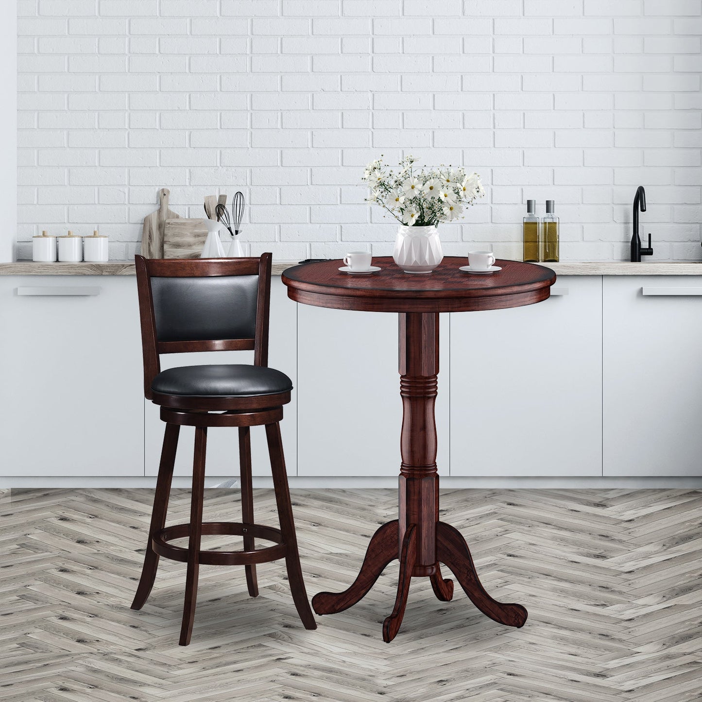 42 Inch Wooden Round Pub Pedestal Side Table with Chessboard