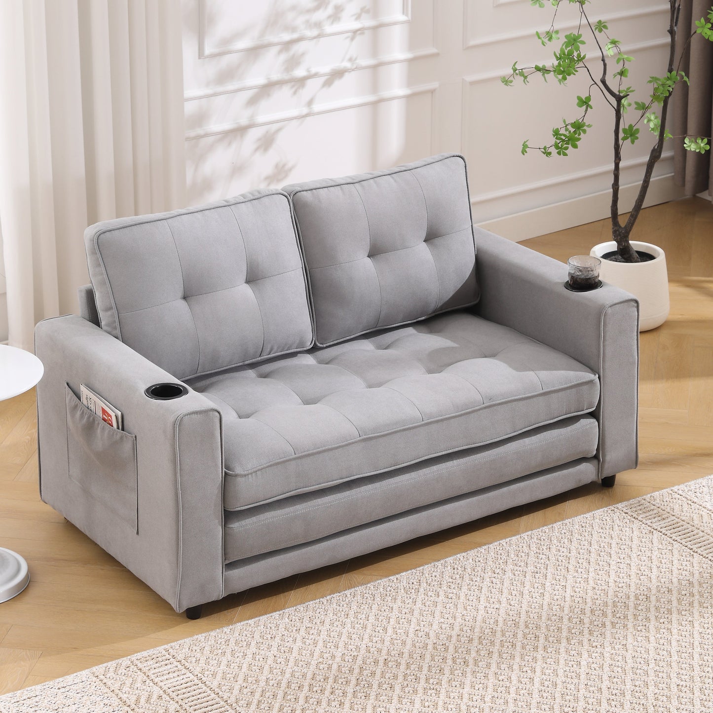 3-in-1 Sofa Bed Futon Tufted Pull-Out Sleeper 55" Light Gray