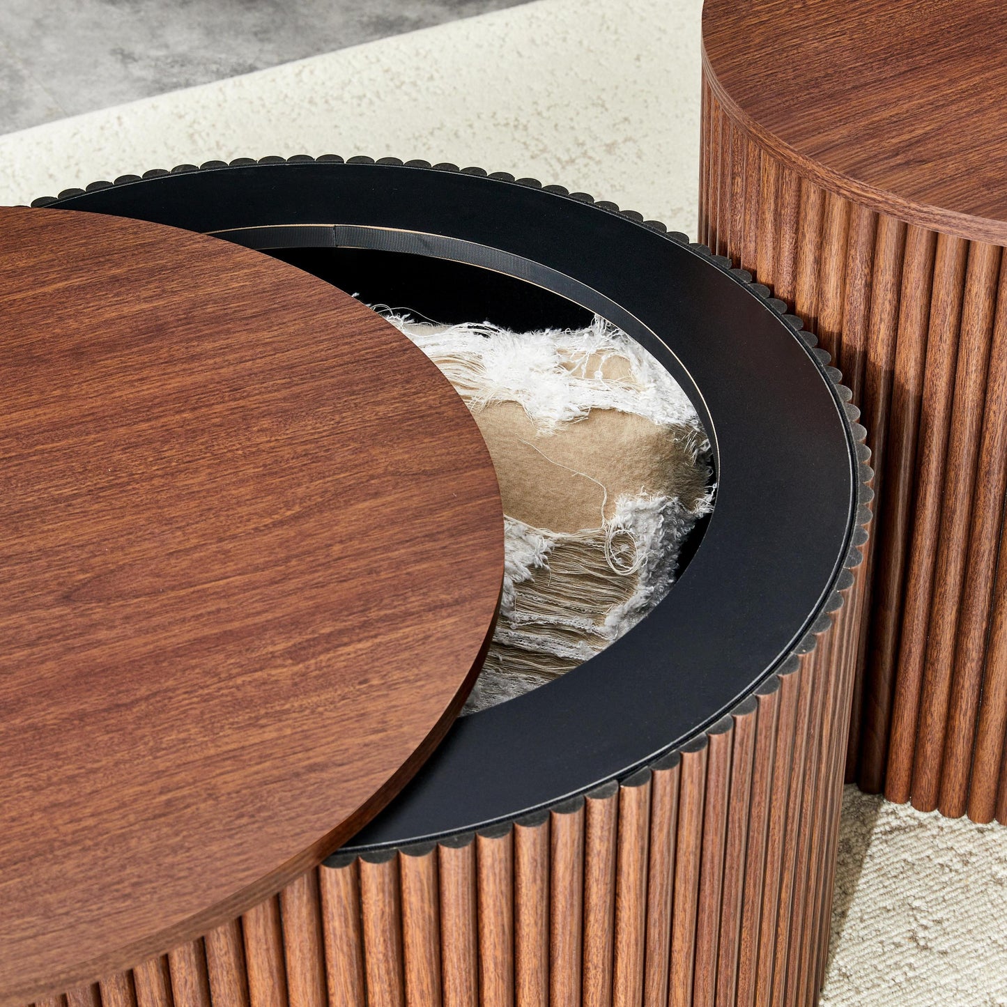 2-Piece Nesting Coffee Table Set, Roman Column MDF Round, Built-in Storage