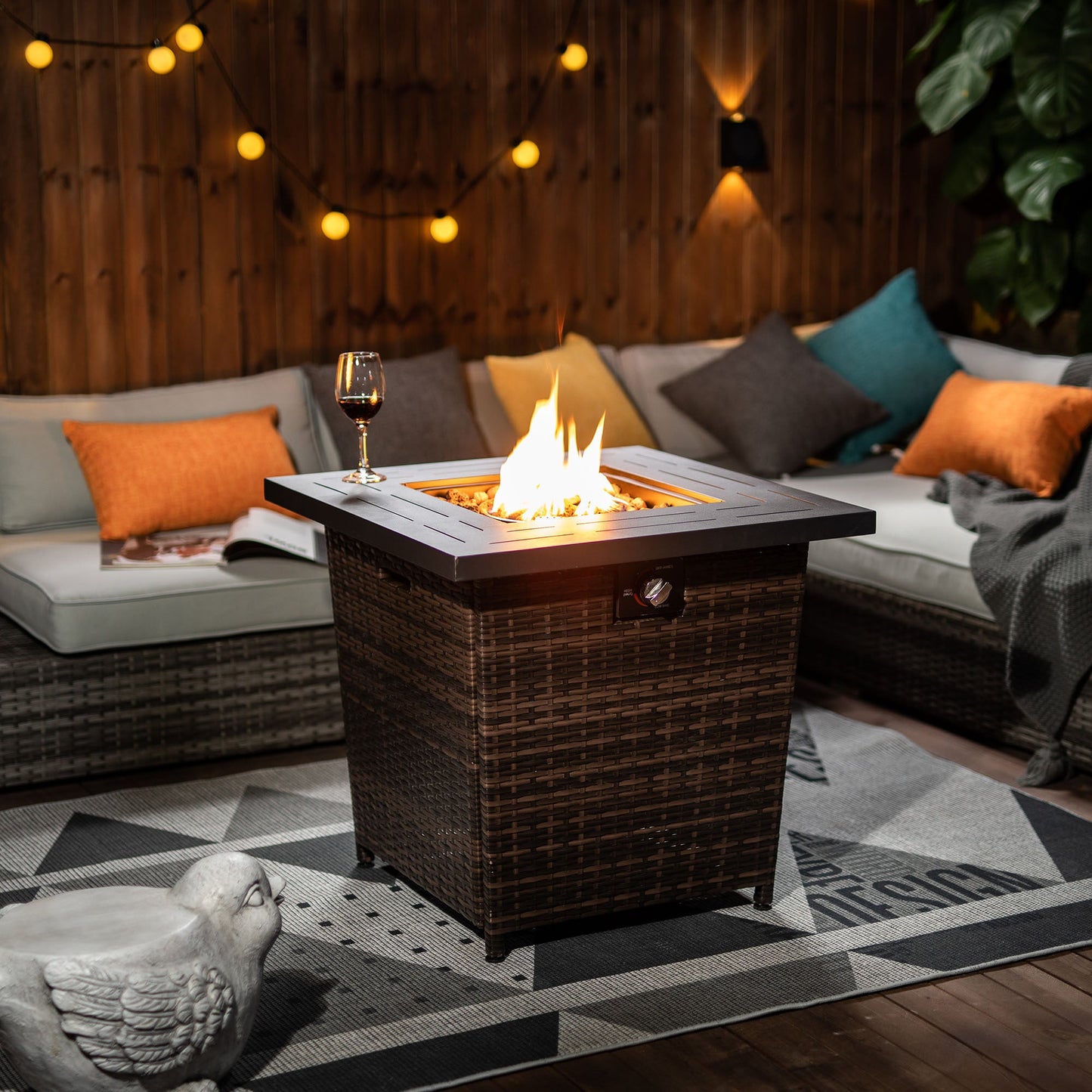 28 Inch Black Wicker Outdoor Propane Gas Fire Pit Table Steel Top 50000 BTU