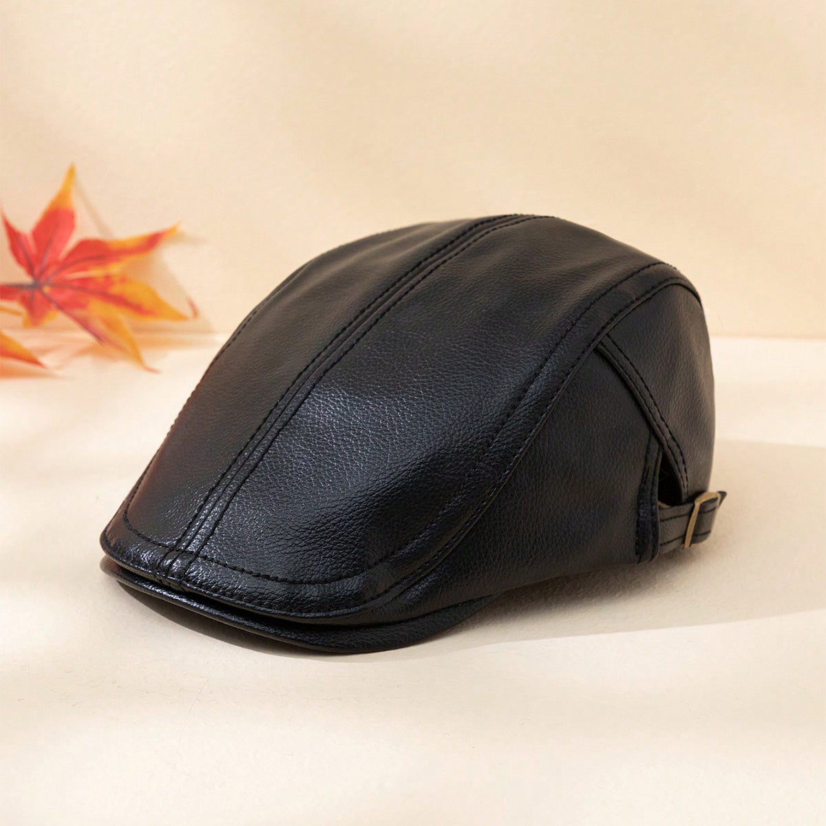 Men's Solid Color PU Leather Warm And Windproof Adjustable Retro Forward Hat Suitable For Outdoor Outings And Daily Clothing Combinations