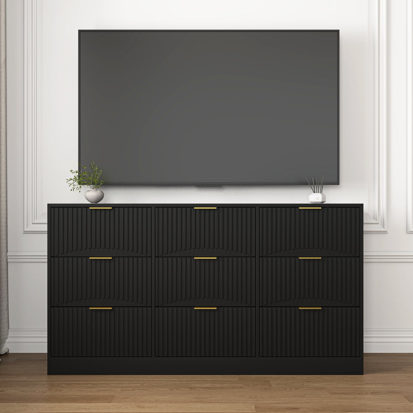 Dresser Classic 9-Drawer Black Particle Board Gold Handles 63x15.74 In