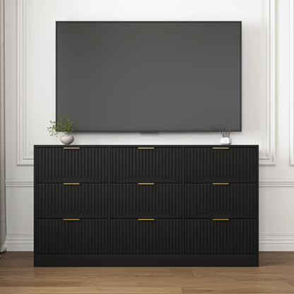 Dresser Classic 9-Drawer Black Particle Board Gold Handles 63x15.74 In