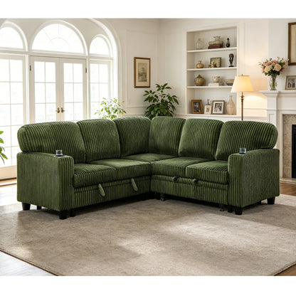 Sofa Bed L-Shape Corduroy Olive Green 5 Seat Pull-Out USB Ports 81 In
