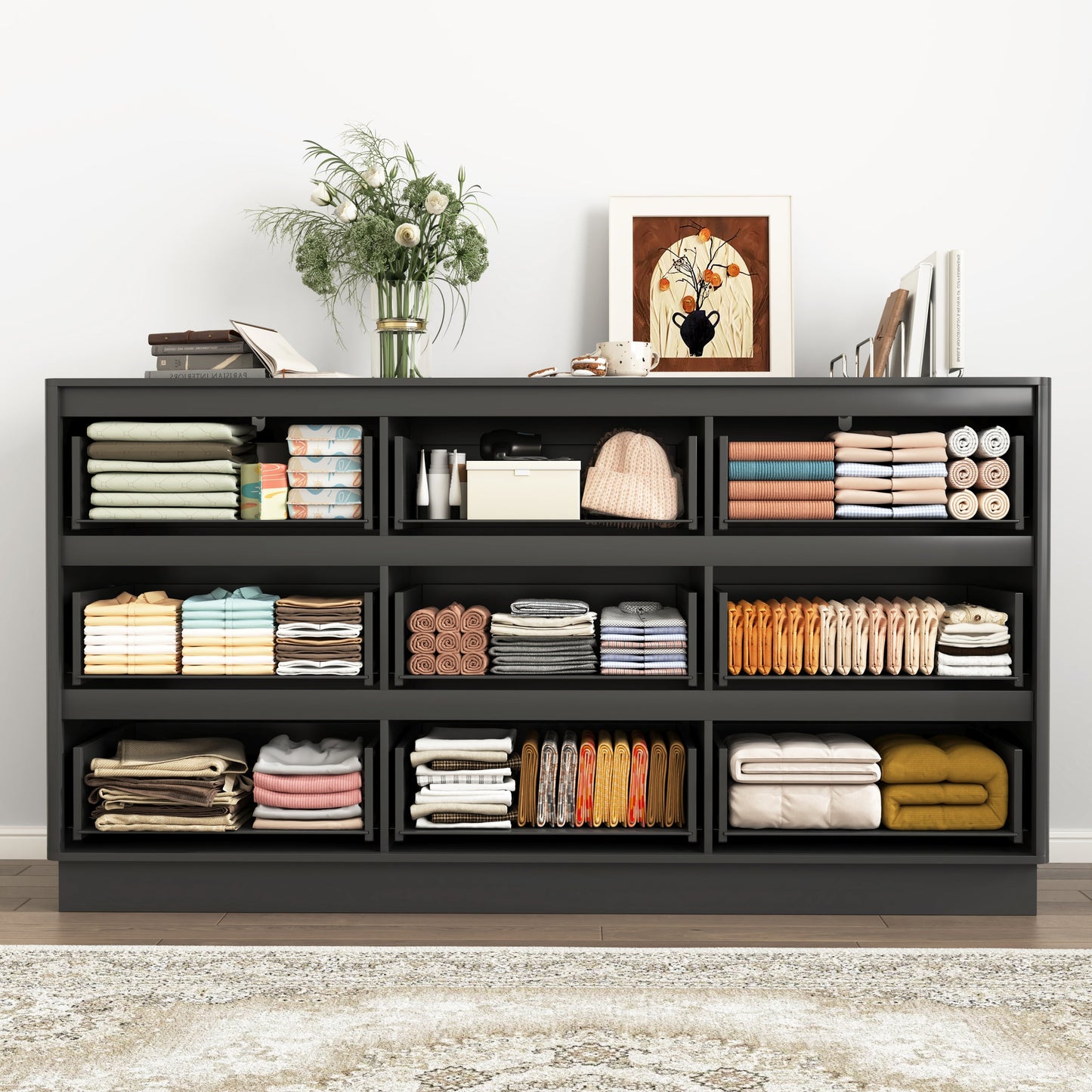 Mid-Century 9-Drawer Black Wave Dresser 59.1x15.7x31.6