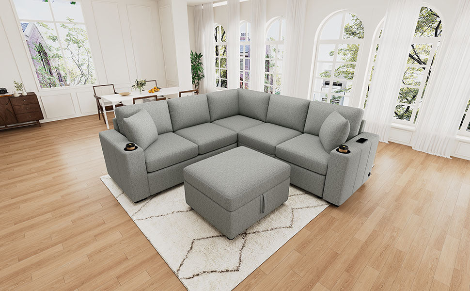 84" Sectional Sofa Convertible Pull-Out USB Gray