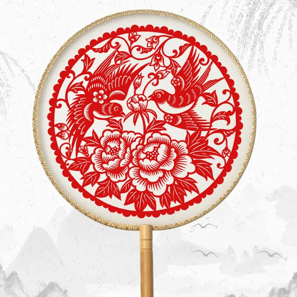 Chinese Paper-Cut Silk Round Hand Fan with Tassel
