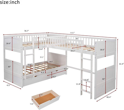 L Shaped Solid Wood Bunk Bed White Twin Over Twin Over Twin With 2 Drawers