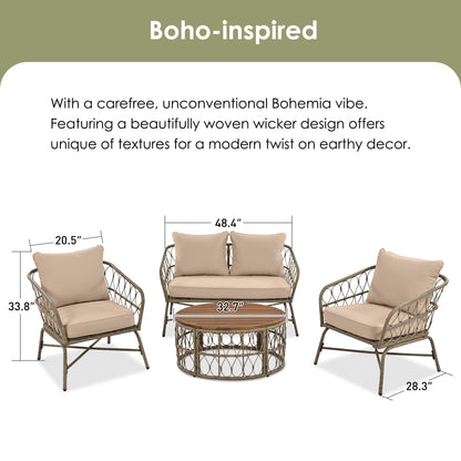 Outdoor Patio Set Wicker Boho Beige Cushion Oval Acacia Table 4 Piece
