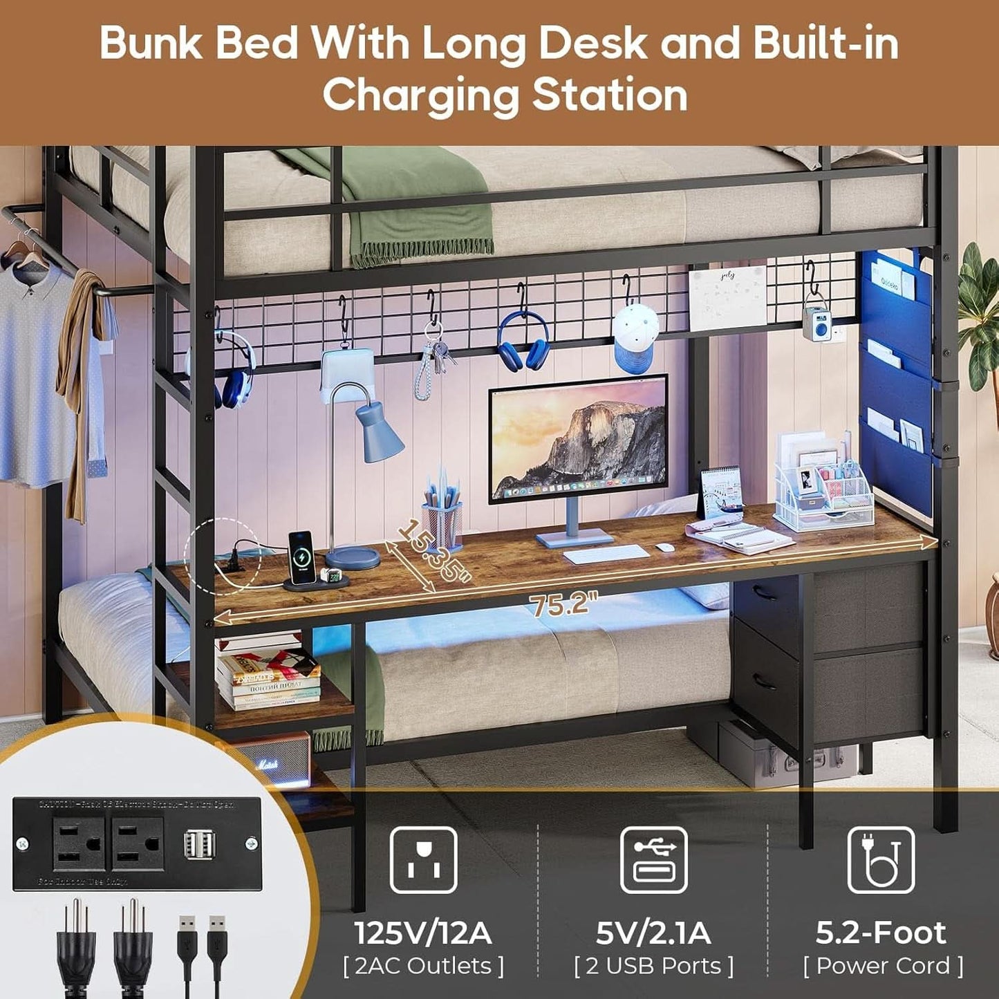 Black Full Over Twin Metal Bunk Bed With Desk LED Lights